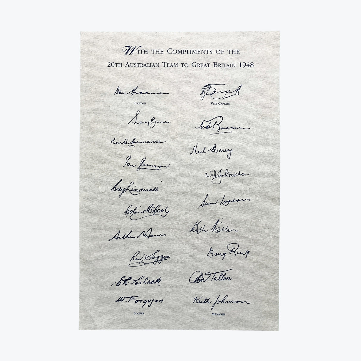 1948 Australian Team 'The Invincibles' Signed Card