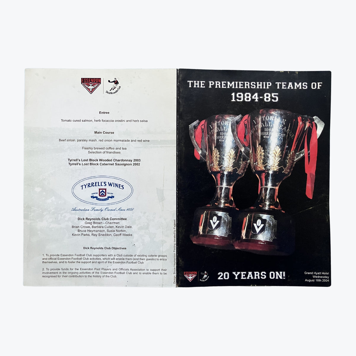 Essendon Bombers The Premiership Teams of 1984-1985 Dinner Program